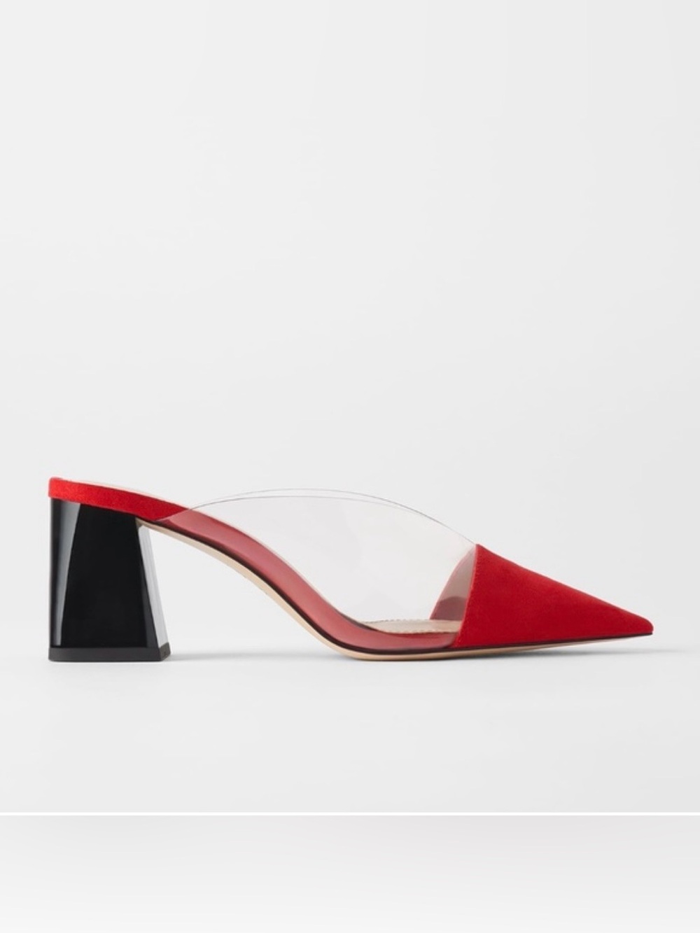 Zara NWT Red Pointed Mule with Clear Strap and Black Block Heel